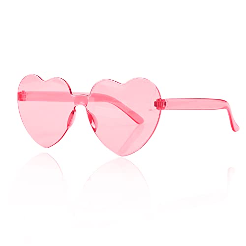 Image of Lotsdonxia Love Heart Shape Sunglasses Stylish Rimless One-Piece Transparent Glasses in Candy Colors for Parties and Dressing Up (Pink)