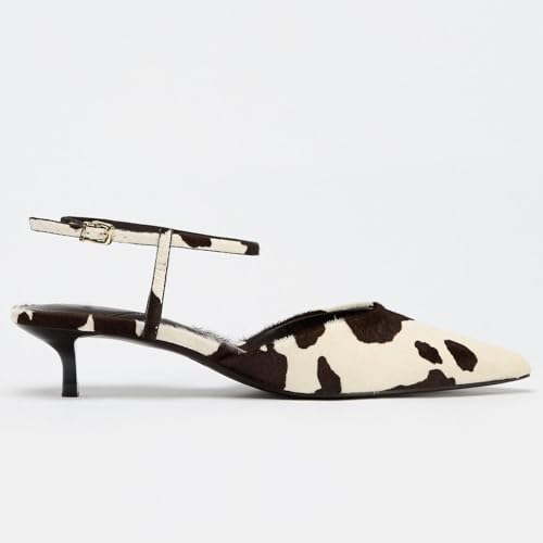 YIYA Women's Brown Cow Print Slingback Kitten Heels Closed Pointed Toe with Buckle Ankle Strap Low Heels Party Dress Fall Pumps Shoes2