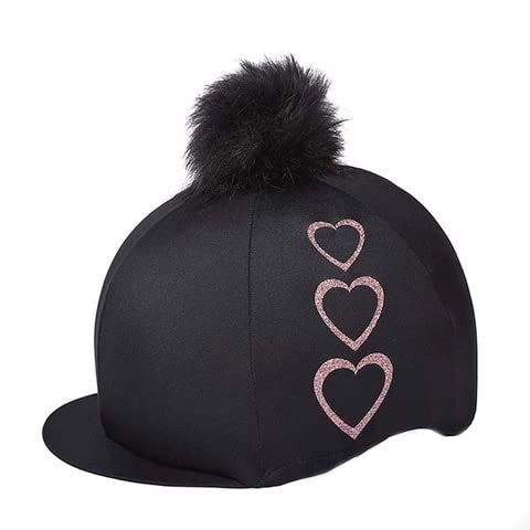 Capz Lycra Riding Hat or Skull Cap Cover - Black with Three Glitter Hearts. One Size