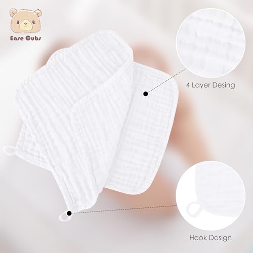 Image of Ease Cubs 12 Pack Muslin Washcloths for Baby - 100% Cotton Baby Wash Cloths for or Baby Face Body Comfy and Soft for Newborn Infants Kids Girls and Boys - 12 inchx12 inch - White