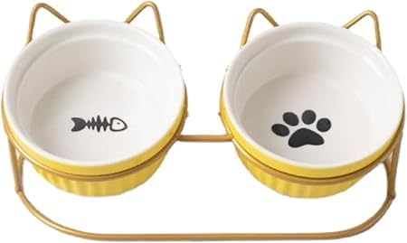 Wnicek えさ皿 猫 エサ 皿 食器 犬 餌入れ フードボウル ごはん皿 用フードボウル 陶器製 猫 皿 食器 猫 餌入れ 水飲み用 犬猫兼用食器10.5度の傾斜 首や腰の負担を軽減し 鉄製の滑り止めラック付き 吐き戻し防止 洗いやすい 小型犬 イエロ
