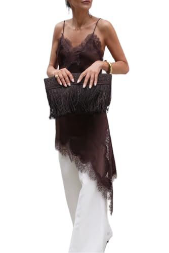 Women Lace Trim Satin Long Flowy Tank Tops Sleeveless Silk