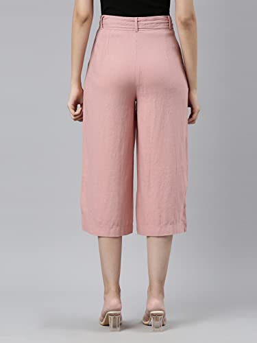 Image of GO COLORS Solid Linen Culottes for Women | High Rise, Side Pockets, Front tie-up