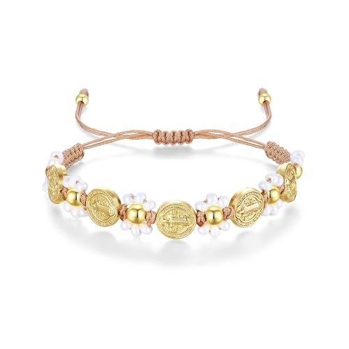 Feyukeu 18K Gold Plated Saint Benedict Medal Bracelet - Adjustable Handwoven Catholic Jewelry for Women Spiritual Protection Religious Gift