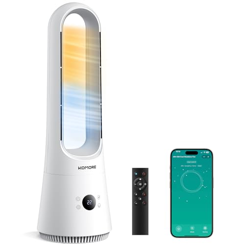 KOMORE 2 in 1 Bladeless Fan and Heater 8 Speeds 9H Timer Tower Fan for Bedroom Silent DC Motor 90Oscillating Floor Fan with Remote/APP Safe Design Cooling Fans for Home Office White