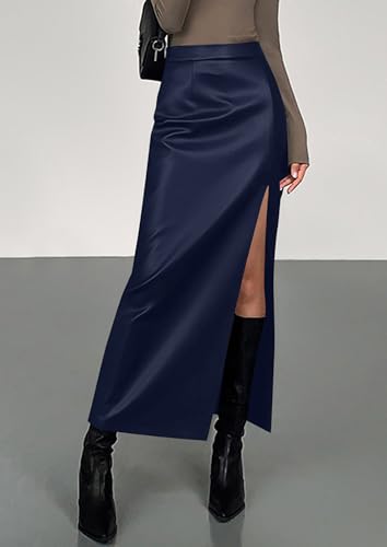 PRETTYGARDEN Womens Faux Leather Skirts 2025 Fall Fashion Bodycon High Waisted Slit Work Office Winter Maxi Long Pencil Skirt