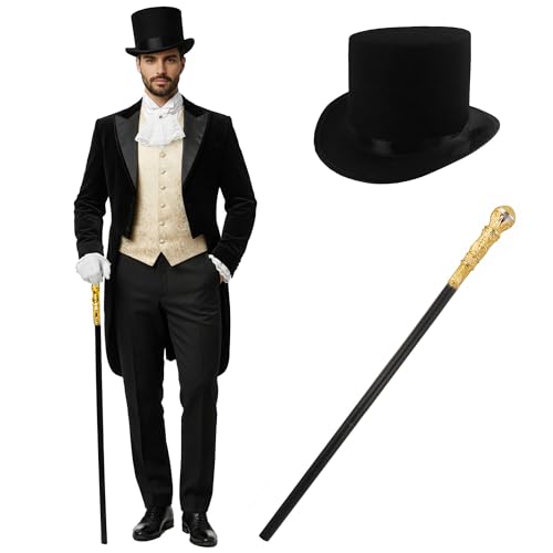Makii Victorian Style Top Hat and Cane Set For Adults Black Top Hat Fancy Dress 1970s Gangster Pimp Staff For World Book Day Week (Top Hat with Cane)