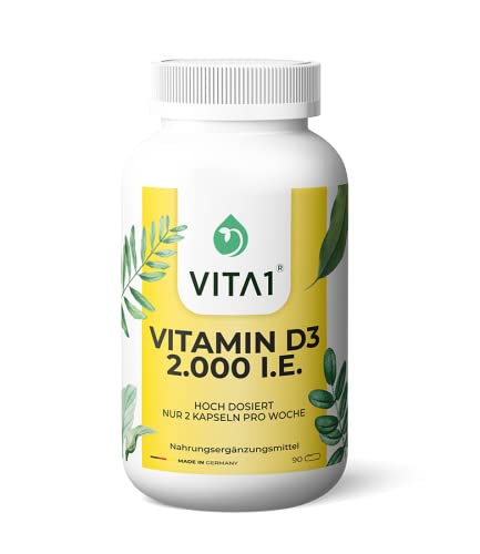 VITA1 Vitamin D3 2000 I.E. • 90 Kapseln (11 Monate Vorrat) • Wochendepot - nur 1-2 Kapseln pro Woche