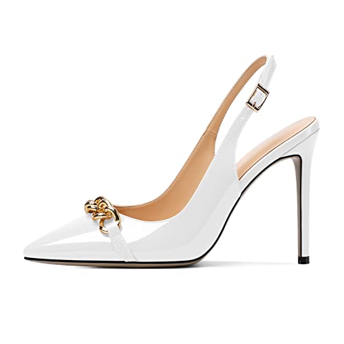 Mettesally Women's High Heels Slingback Pointed Toe Heeled Pumps Ankle Strap Stilettos Metal Chain Dressy Wedding Party Shoes2