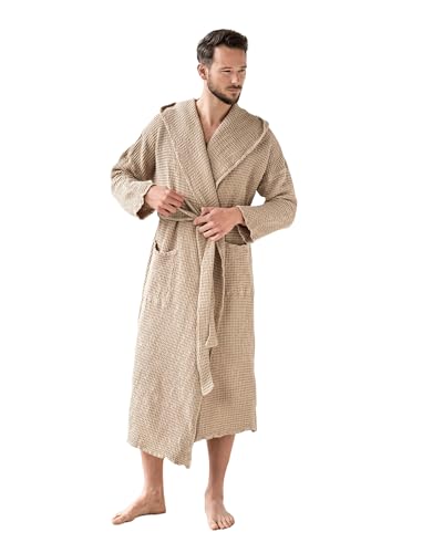 Magic Linen - Unisex Waffle Bathrobe, Hooded Linen-cotton Blend Bath Robe, Lightweight Robe for Women and Men