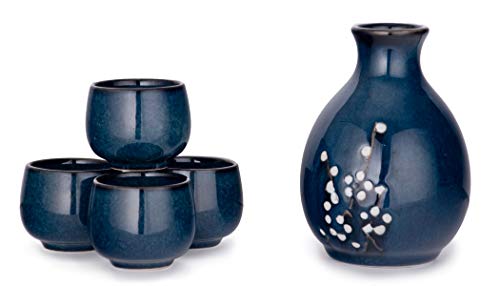 Hinomaru Collection Japanese Porcelain Sake Set Tokkuri Bottle 95 fl oz with Four Sake Ochoko Cups 2 fl oz Sake Set Blue Sakura