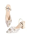 GORGLITTER Women's Lace Slingback Clear Kitten Heels Embroidered Closed Pointed Toe Chunky Heeled Sandals Mesh...