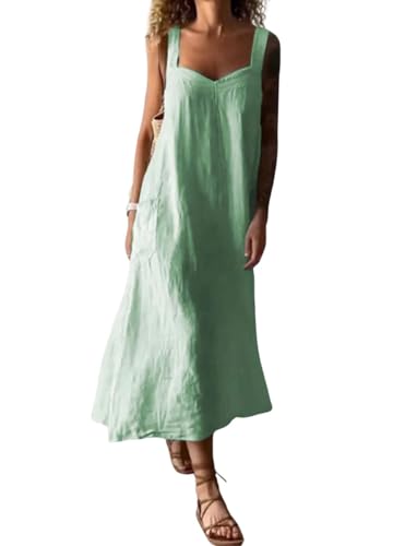 Image of chouyatou Women's Summer Spaghetti Strap Sleeveless Linen Overall Dress Casual A-Line Midi Long Beach Dress