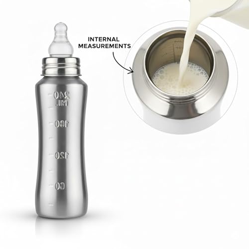 Image of SPEEDEX Stainless Steel Baby Feeding Bottle 240 ml with Blue Silicone Grip & Internal ML Marking | BPA & Plastic Free | Anti-Colic Silicone Nipple | 304 Grade Steel Infant Milk Bottle | Leak Resistant (240ml)
