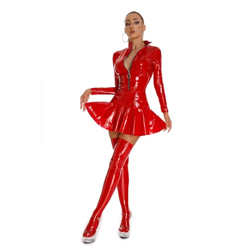 Women's Red Patent Leather Long-Sleeve Dress - High-Slit Pleated Mini Skirt Clubwear, Shiny Latex-Style Outfit for Nightclub Party Rave Event Costume Bold Fashion Statement - XL Size