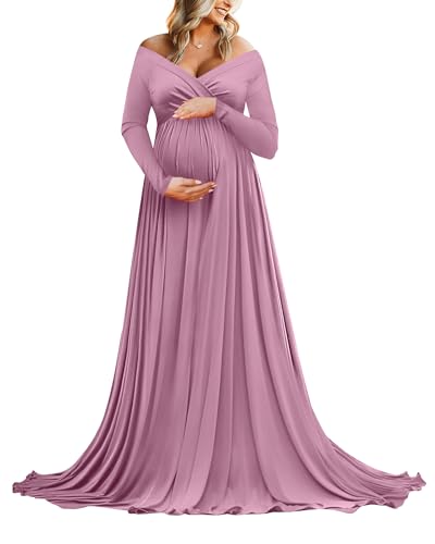 Saslax Maternity Off Shoulders Long Sleeve Half Circle Gown for Baby Shower Photo Props Dress Mauve...