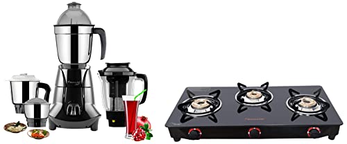 Butterfly Smart Glass & Stainless Steel 3 Burner Gas Stove, Butterfly Jet Elite 750-Watt Mixer Grinder with 4 Jars (Grey), Open