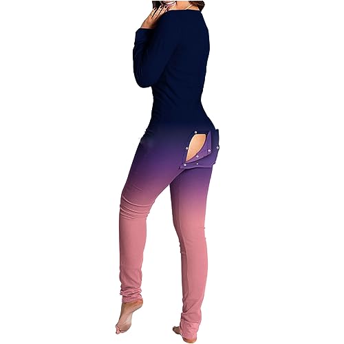 Xiaojmake Women's Onesie Sexy Butt Button Back Flap Jumpsuit One Piece V Neck Long Sleeve Bodycon Romper Pajamas Playsuit Pink