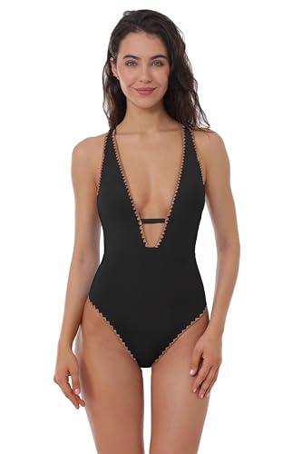 Lucky Brand Women's Marbella Maillot One Piece Swimsuit, Plunge Neck, Bathing Suits