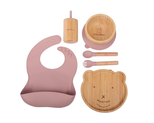 Set de Vaisselle Bébé en Bambou & Silicone Rose – BiBouChou – 6 Pièces