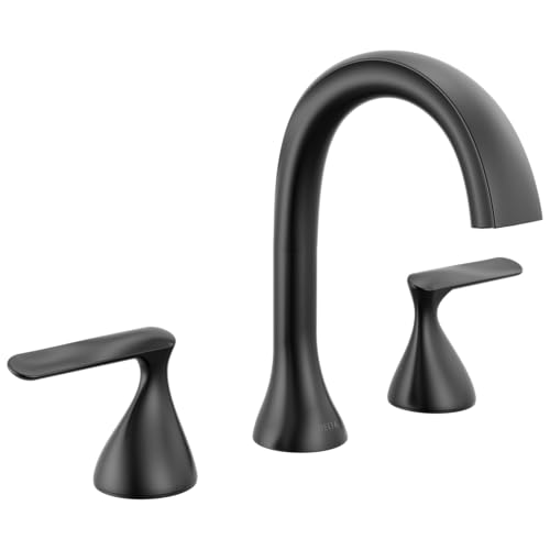 Image of Delta Bonacci Matte Black Bathroom Faucet 3 Hole, 8 Inch Widespread Bathroom Sink Faucet for Vanity, Metal Push-Pop Drain Assembly, Matte Black 3545-BL-DST