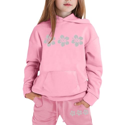 Generisch 2025 Conjunto de ropa para niña, sudadera con capucha informal, pantalones de chándal, conjunto de 2 piezas, conjunto de chándal estampado para niños pequeños, Rosa., 8 9 años
