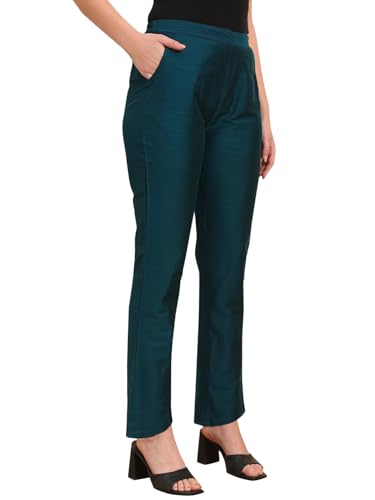 Image of Vogaan Women's Cotton Silk Pant | Half-Elasticated Waist Slim Fit Trouser for Women | Casual Pocket Pants for Office Formal Daily Use