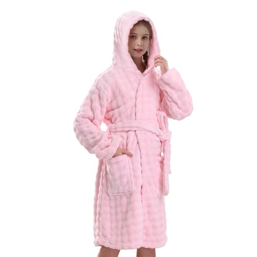 V.&GRIN Girls Hooded Towel Robe, Super Absorbent Quick-Dry Kids Bathrobe for Bath & Pool - Solid Colors Bubble Texture(Light Pink,13-14)