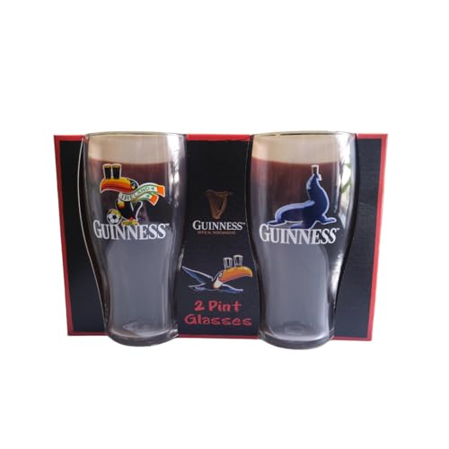 Guinness Pint Glasses Set of 2 16 cm Glass Ireland Scarf Toucan & Sea Lion Designs Official Merchandise