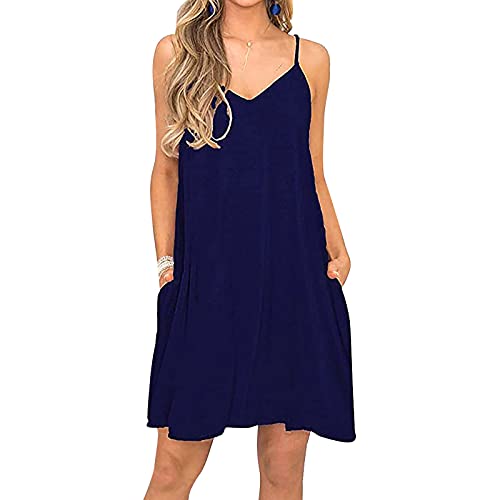 MITCOWBOYS Summer Dresses Sleeveless for Women Adjustable Strap Sundresses Casual Loose Mini Dress with Pockets Blue