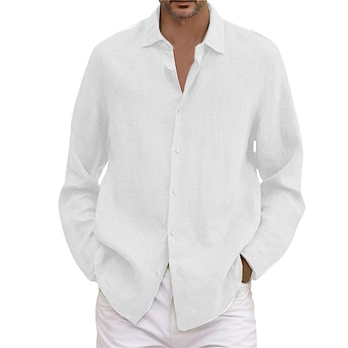 Camisa holgada de manga larga para hombre, para otoño e invierno, color liso, informal, talla grande, para hombre, blanco, L