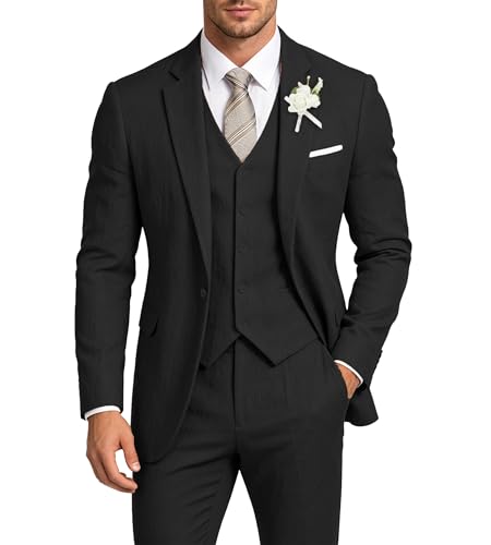 Men's Linen Suit 3 Piece Summer Wedding Suit Retro Lightweight Tuxedos