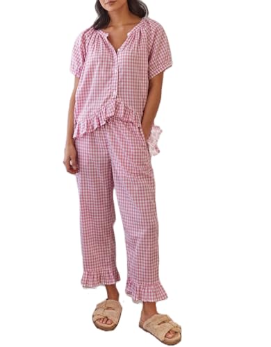 Image of Argeousgor Women Plaid 2 Piece Pajama Set Button Down Puff Sleeve Babydoll Shirt Gingham Pants Pj Lounge Set Sleepwear