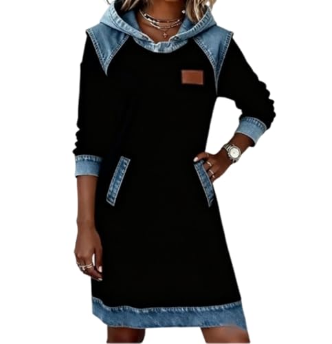 Melliflo Women's Denim Patchwork Hoodie Dress Long Sleeve Pullover Hooded