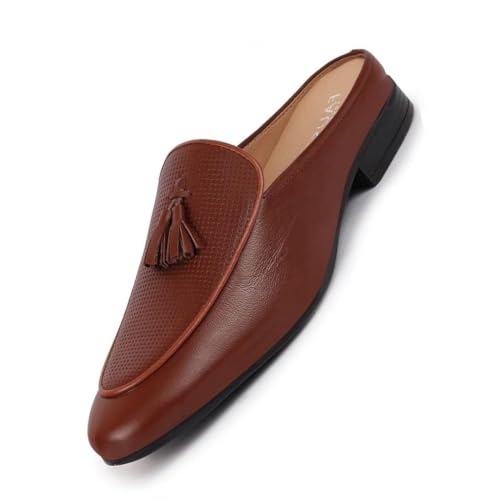 Image of FAUSTO Men's Back Open Tassle Leather Slip On Shoes for Outdoor|Evening|Festive|Occasions|Comfort|Lightweight with TPR Sole (6-13 UK)