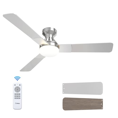 Image of Amico Ceiling Fans with Lights, 52 inch Low Profile Ceiling fan with Light and Remote Control, Flush Mount, Reversible, 3CCT, Dimmable, Noiseless, Nickel Ceiling Fan for Bedroom, Indoor /Outdoor Use
