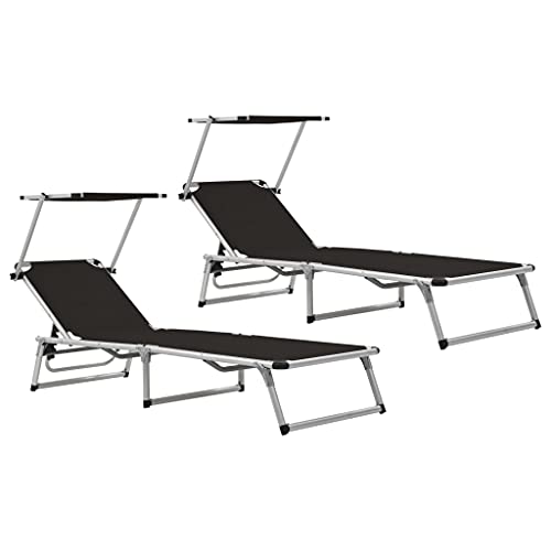 JHQHSM Tumbonas plegables con toldo ajustable, 2 unidades, marco de aluminio textileno, negro, plegable, muebles de jardín, playa, ocio, exterior, relax