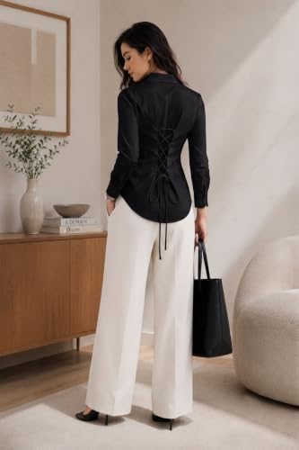 Image of OOMPH! Women's Cotton Solid Corset Style Shirt | Back Lace-Up Tie-Up Cinched Waist | Full Sleeve Button-Down Formal Office & Smart Casual Shirt