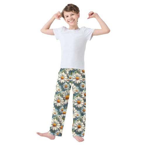 Pajama Pants Sleep Pants Soft Elastic Waist Pajama Lounge Pants Watercolor White Daisy for 6-14 Years Old3
