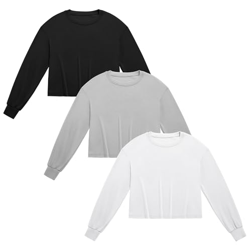 Ficerd 3 Pack Cotton Cropped Long Sleeve Tops for Women Loose Fit Crew Neck Drop Shoulder Crop T Shirts Basic Tee(Black, White, Light Gray,S)2