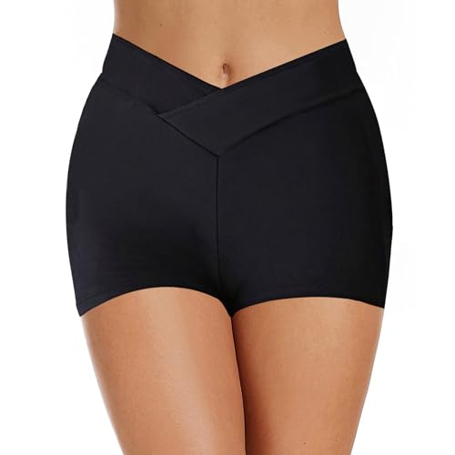 Traje de baño para mujer, impermeable, de cintura alta, transpirable, de secado rápido, cobertura completa, pantalones cortos retro para surf femenino, Negro, L
