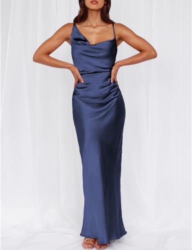 Image of Formal Satin Silk Spaghetti Strap Maxi Dresses for Women Wedding Guest