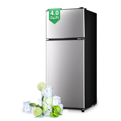 OOTDAY 4.0 Cu.Ft Mini Fridge, Apartment Size Refrigerator, Samll Refrigerator with Freezer Suitable for Apartment, Office, Kitchen, Dorm, Compact Refrigerator with 7 Temperature Modes, Silver