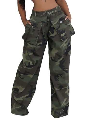 Womens Camo Cargo Pants High Waist Army Fatigue Casual Baggy Wide Leg Camouflage Joggers Sweatpants Trousers