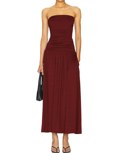 Women's Summer Strapless Ruched High Waist Long Floral Dress Off Shoulder Backless Beach Long Dress