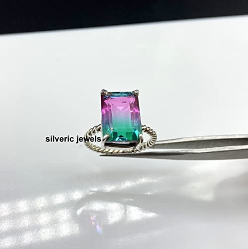 New Watermelon Tourmaline Sterling Silver Ring Tourmaline Doublet Crystal Ring Octagon Shape Gemstone Bi Color Stone Ring Jewelry (8) #TOP1