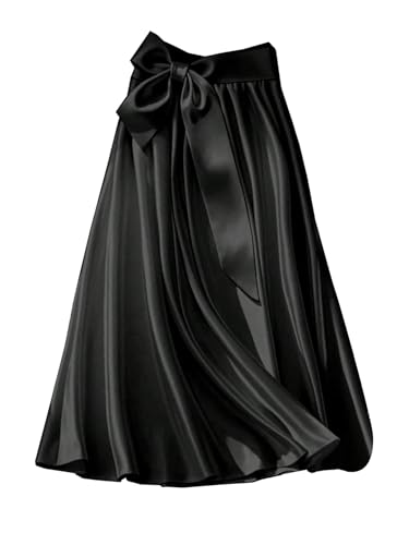 OYOANGLE Women's Elegant Bow Belted Long Satin Skirt Party Cocktail Flowy Dressy Skirts