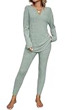 Opemiby Womens Pajamas Set Notched Neck Ribbed Knit Long Sleeve Top and Leggings 2 Pieces Lounge Sets Loungewear Sleepwear Grass Green L