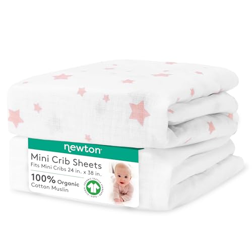 Image of Newton Baby Fitted Mini Crib Sheets (2-Pack) | Organic Muslin Cotton, Breathable & Soft Baby Sheets, Washable Baby Mattress Sheets, Fits Mini Crib Mattresses 24 inch x 38 inch, Stardust Coral & Plain White