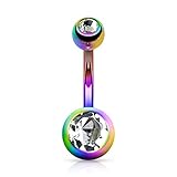 FIFTH CUE 14G Black Titanium IP 316L Double CZ Barbell Belly Ring (Rainbow/Clear)